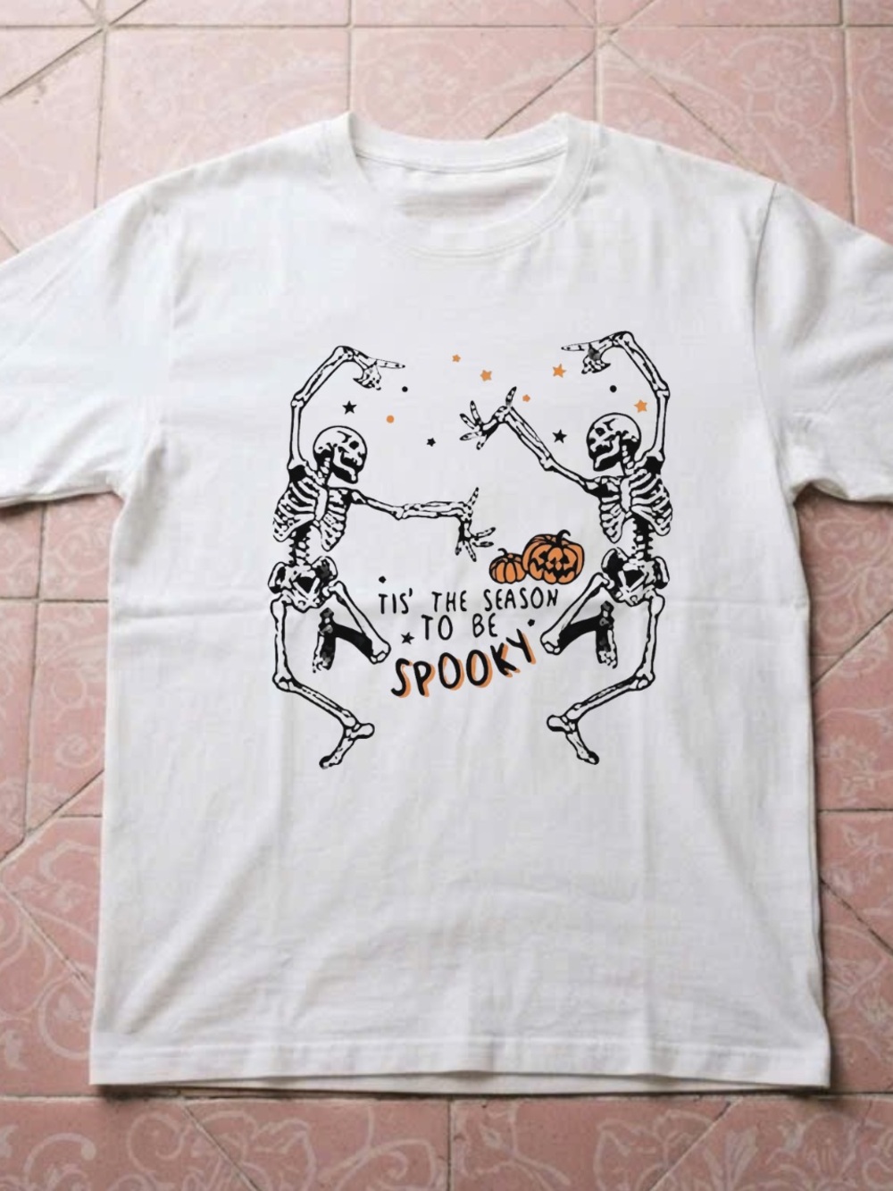 Gildan White Tee with Dancing Skeletons & Orange Pumpkin Graphic
